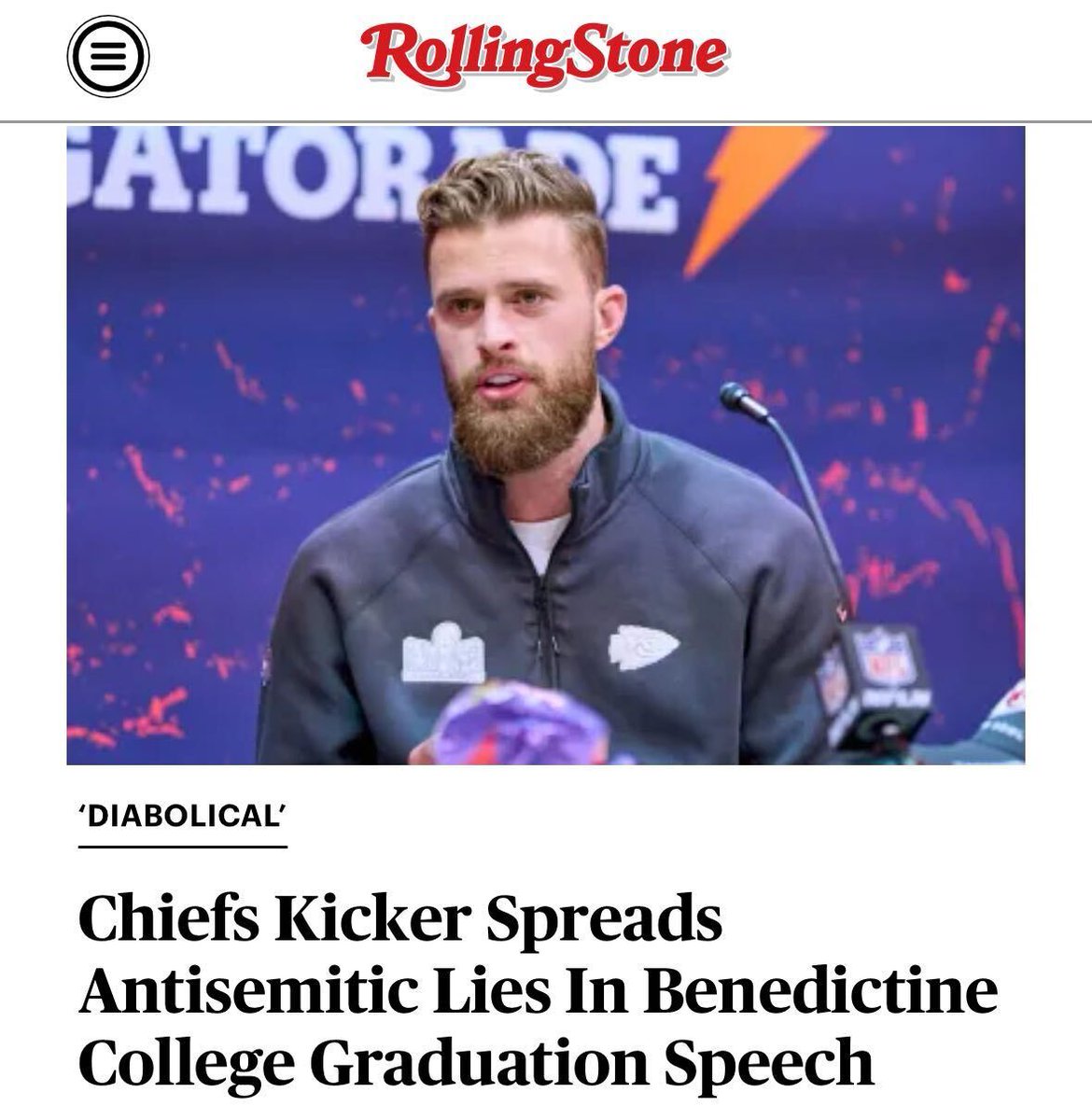 Chiefs kicker Harrison Butker gave a sexist, antisemitic speech in which he falsely claimed Congress “passed a bill where stating something as basic as the Biblical teaching of who killed Jesus could land you in jail.'

Watch: rollingstone.com/politics/polit…