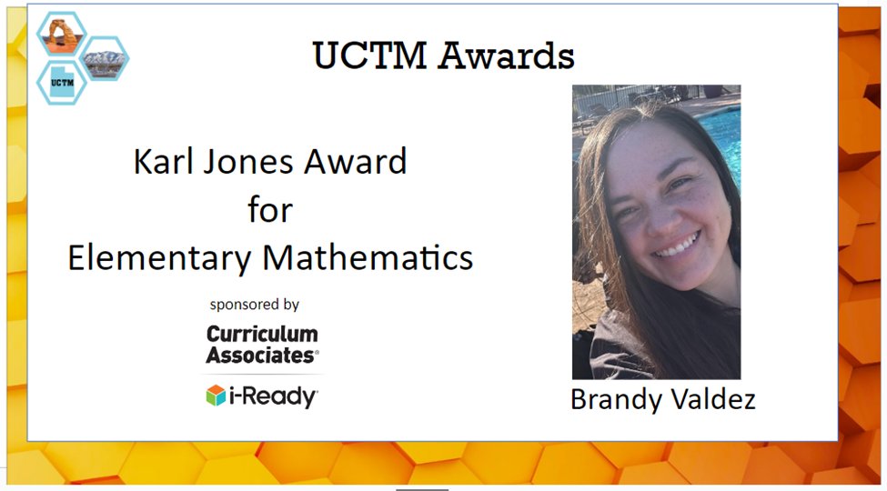 🌟 Join us in celebrating Brandy Valdez as the recipient of the ]Karl Jones Award for Elementary Mathematics! 🏆 Brandy's dedication, passion, and expertise inspire educators far and wide. #Mathing #UtahEducators #MtBos #IteachMath #UCTM