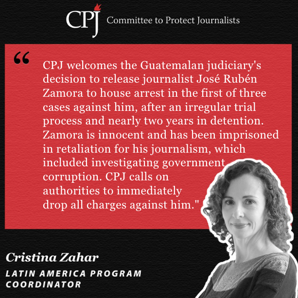 .@pressfreedom welcomes the Guatemalan judiciary's decision to release journalist José Rubén Zamora to house arrest in the first of three cases against him, after an irregular trial process and nearly two years in detention. Zamora is innocent and has been imprisoned in