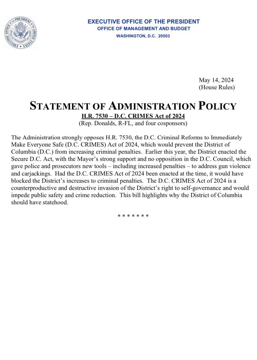 Thank you @POTUS for the Statement of Administration Policy opposing the DC Crimes Act of 2024 and reiterating your support for #DCstatehood! #democracynow @MayorBowser