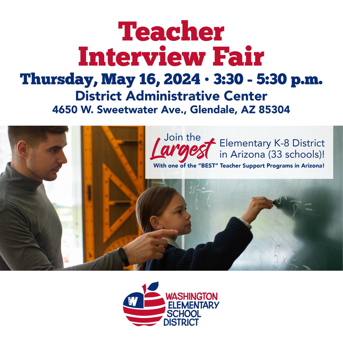 Don't forget! Our Teacher Interview Fair is tomorrow, May 16, from 3:30 to 5:30 p.m. at the WESD Administrative Center! Those interested can still preschedule an interview by calling 602-347-2622 or emailing Teach@wesdschools.org. We hope to see you there! #WESDFamily