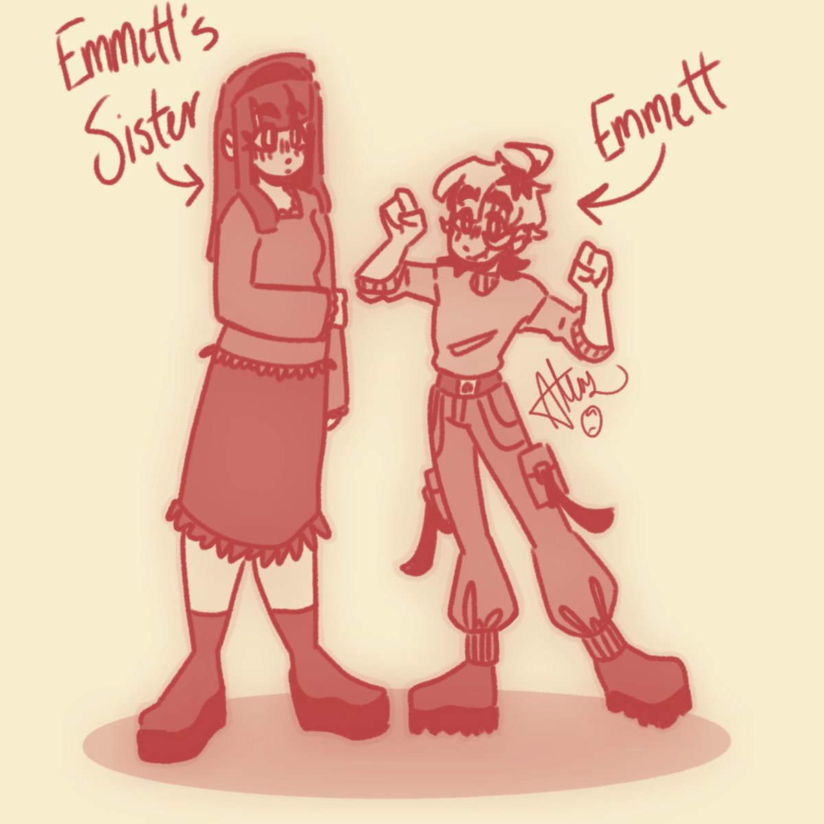 here is emmett and his sister! I'm still deciding on her name, so feel free to leave suggestions in the comments! 

#oc #ocart #sketch #digitalart #transoc #characterdesign #artortoisemy #originalart #ibispaint #ibispaintx #digitalartist  #gothgirloc #gothgirl #siblingocs