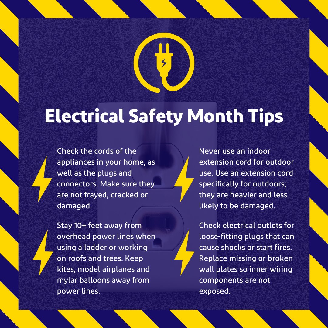 May is #NationalElectricalSafetyMonth. According to @usfire, more than 24,000 residential building fires were caused by electrical malfunction nationwide in 2021. 🔥🚒 Share and take note of these electrical safety tips to keep you and your family safe. 👇