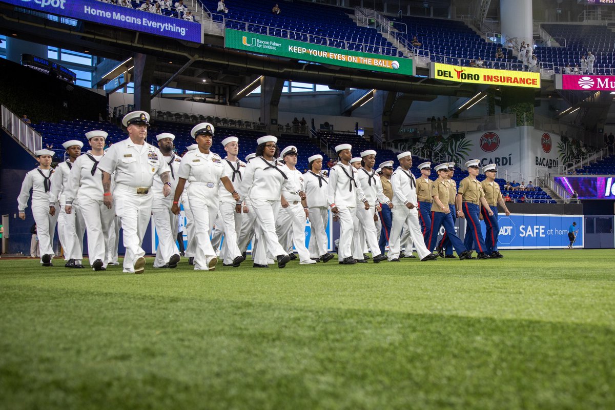 #Marines and @USNavy #Sailors march onto the field to reenlist during a Miami Marlins during Fleet Week Miami 2024, May 10. Fleet Week Miami, in its first year, allows residents and visitors to meet with service members and view the capabilities of today's maritime services.