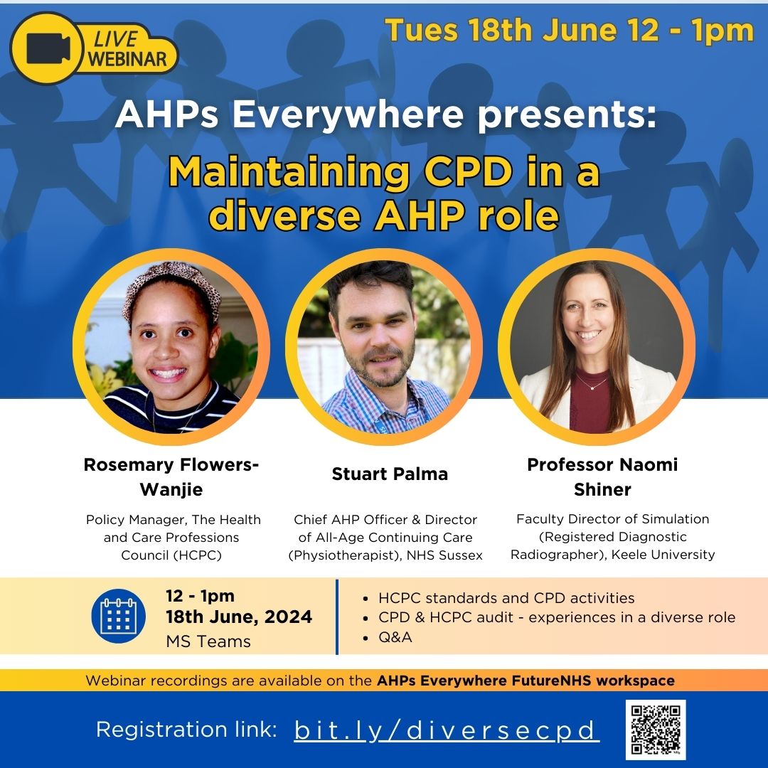 📢 Upcoming webinar klaxon - Tuesday 18th June 12-1pm 📢 Join us to hear from Rosemary Flowers-Wanjie @The_HCPC and from @StuartPalmaNHS & @naomi_shiner who will both share their recent experience of CPD audit as AHPs in diverse roles. Register here ➡️ bit.ly/diversecpd