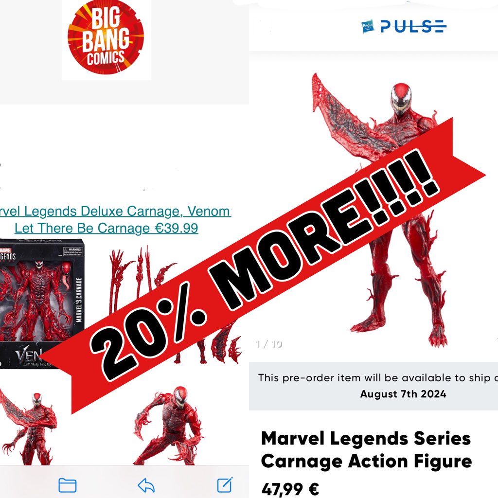 I just received 2 emails advertising preorders for Carnage. @TheBigBang_ at €39.99 and @HasbroPulse at €47.99. Charging ‘fans’ 20% more than retailers where they claim ‘The Fans Comes First’!! I’m sorry but that an inexcusable markup. Shop local folks!!!!!!