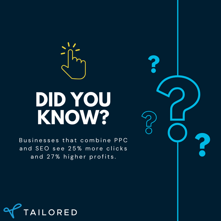 Did you know?

Businesses that combine PPC and SEO see 25% more clicks and 27% higher profits.

tailoredsites.co.uk/pay-per-click/

#PPCandSEO #BusinessSuccess #OnlinePresence #PPCServices #HigherClicks #IncreasedProfits #DigitalMarketingUK