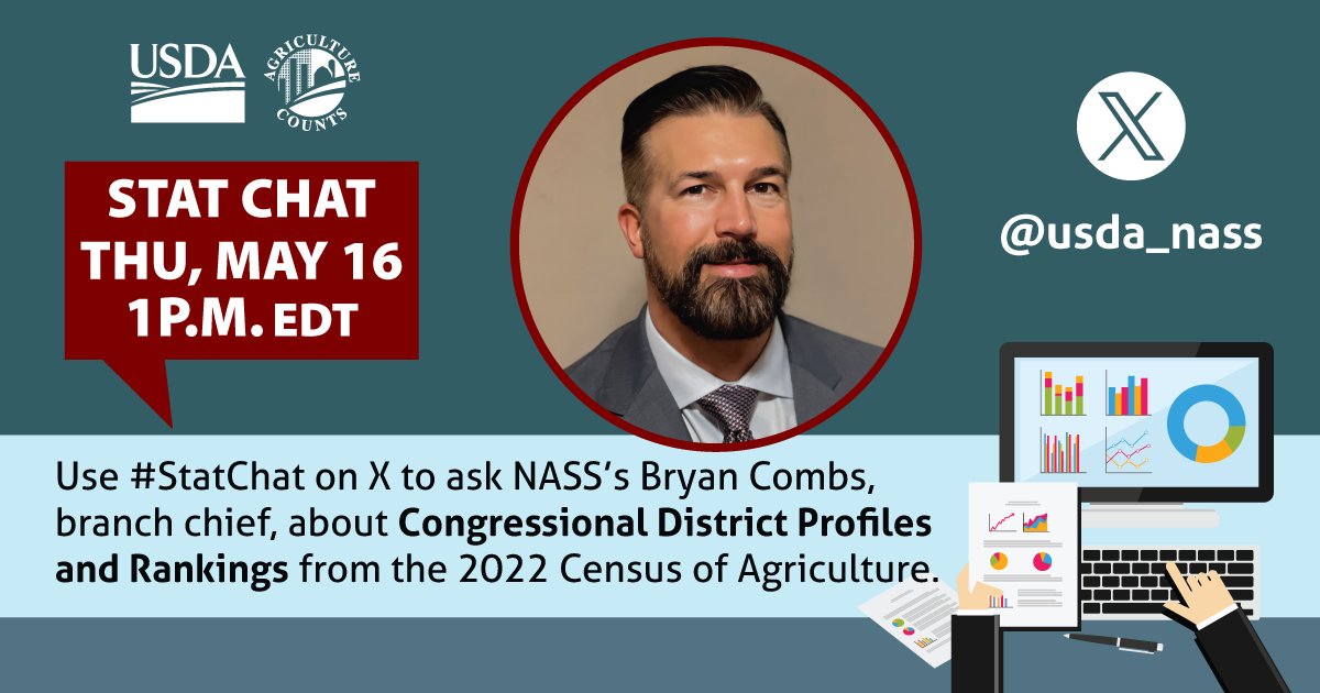 Join us tomorrow at 1 p.m. EDT for a live Stat Chat about the just-released Congressional District Profiles and Rankings from the 2022 #AgCensus. Use #StatChat to ask questions and follow the conversation.