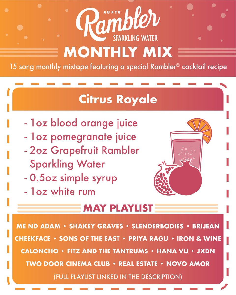 Here is your @rambleraustin monthly mix for May! Spring is spring-ing so we got you covered with a fun Citrus Royale recipe and a playlist filled with tunes to get you ready for the Summer ☀️ Listen here: buff.ly/4bFGzok