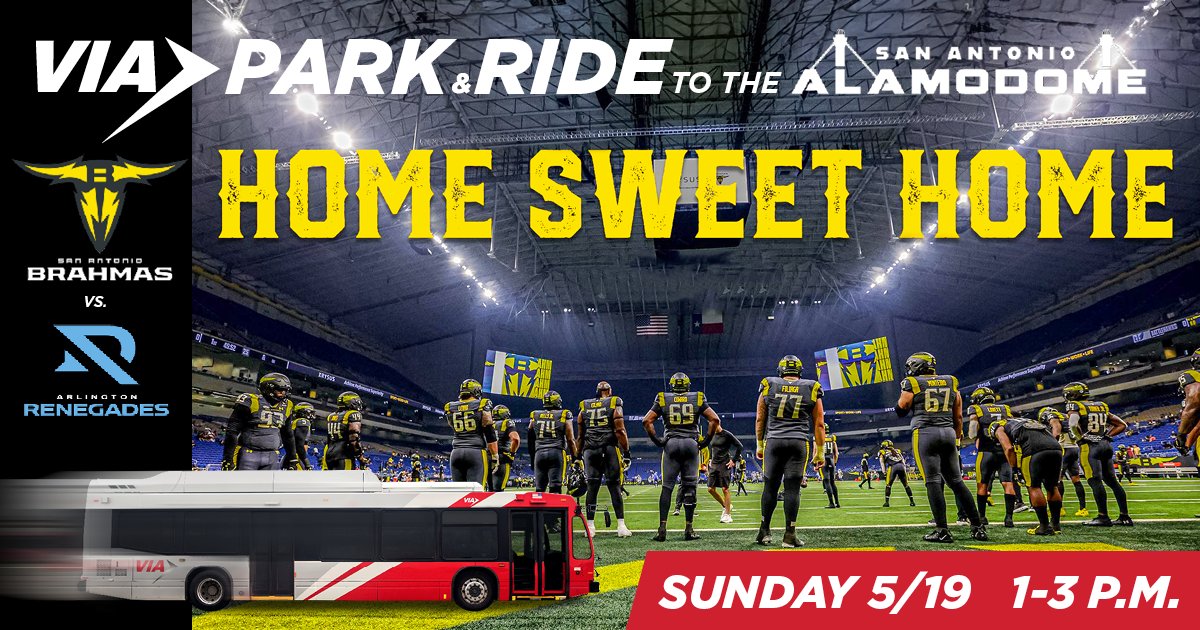 Get ready for game day! 🏈 #RideVIA to watch the @XFLBrahmas take on the Arlington Renegades at the @Alamodome on Sunday, May 19. Park & Ride service to the game begins at 1 p.m. and ends at 3 p.m. 🚌 Visit VIAinfo.net for service details.