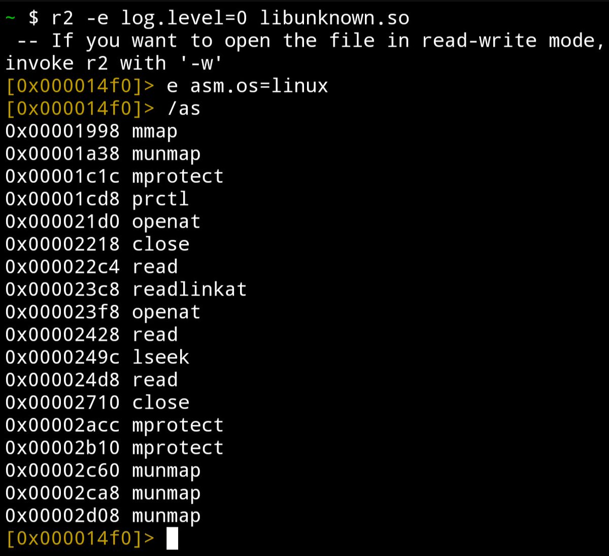 Unlock the secrets of binaries with radare2! 🕵️‍♂️ Utilize the '/as' command to reveal all syscalls used. Remember to configure your OS type for accurate results; for instance, android binaries follow Linux conventions
@radareorg 
#ReverseEngineering