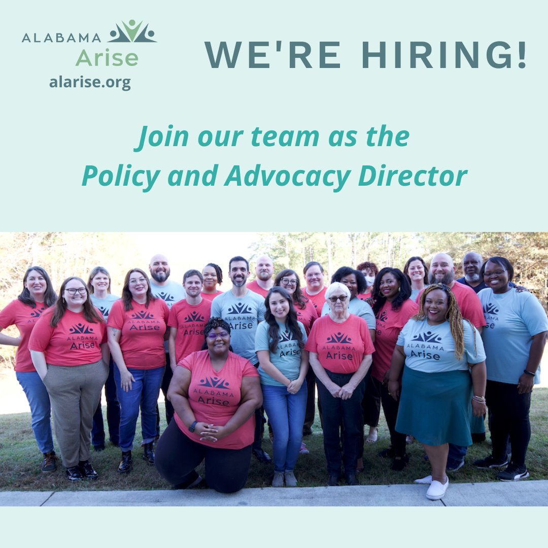 Arise is hiring! We're seeking a new Policy and Advocacy Director to advance our work for dignity, equity and justice for Alabamians who are marginalized by poverty. Applications close Monday, June 17, 2024, at 11:59 p.m. Find out more details at alarise.org/about/employme…