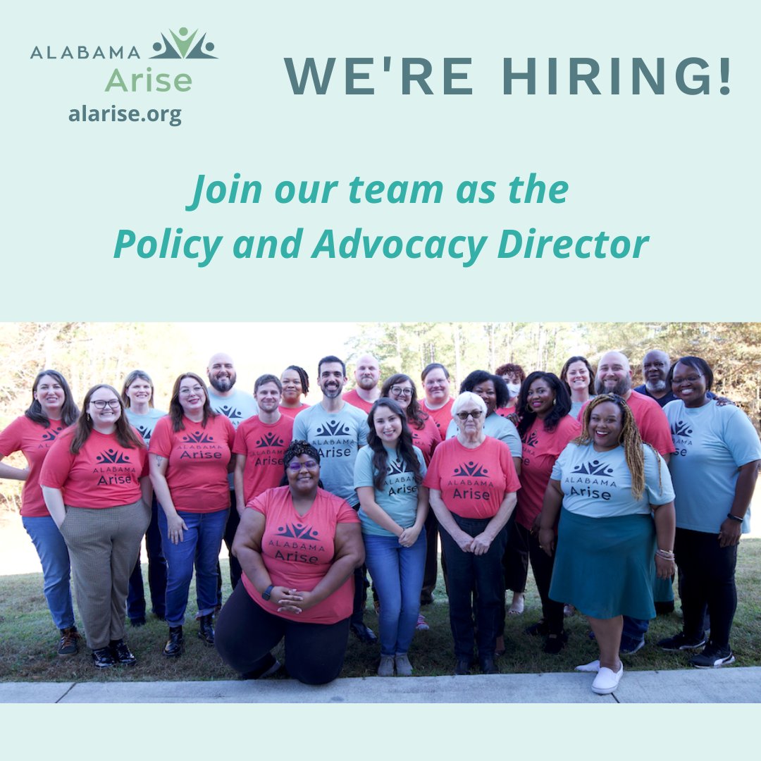 AlabamaArise's tweet image. Arise is hiring! We&apos;re seeking a new Policy and Advocacy Director to advance our work for dignity, equity and justice for Alabamians who are marginalized by poverty. Applications close Monday, June 17, 2024, at 11:59 p.m. Find out more details at alarise.org/about/employme…