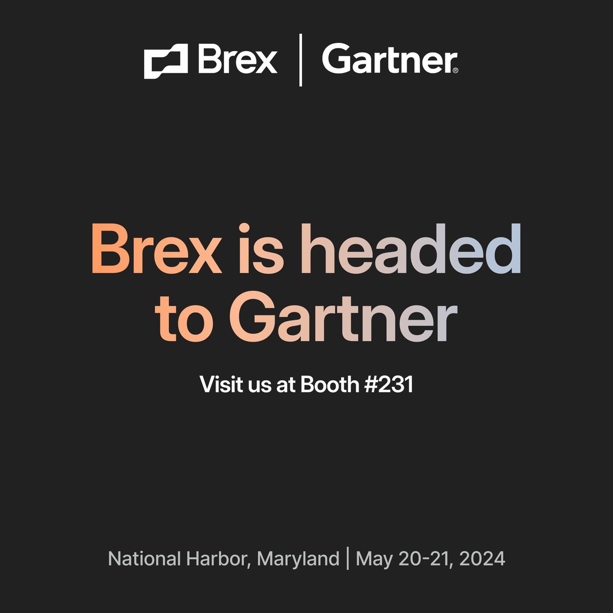 Come meet team Brex at this year's @Gartner_inc CFO Conference! We'll be at booth #231 from May 20-21 to show you how top companies automate busywork and control spend before it happens—all using Brex. #GartnerCFO Learn more: bit.ly/4aJ0in7