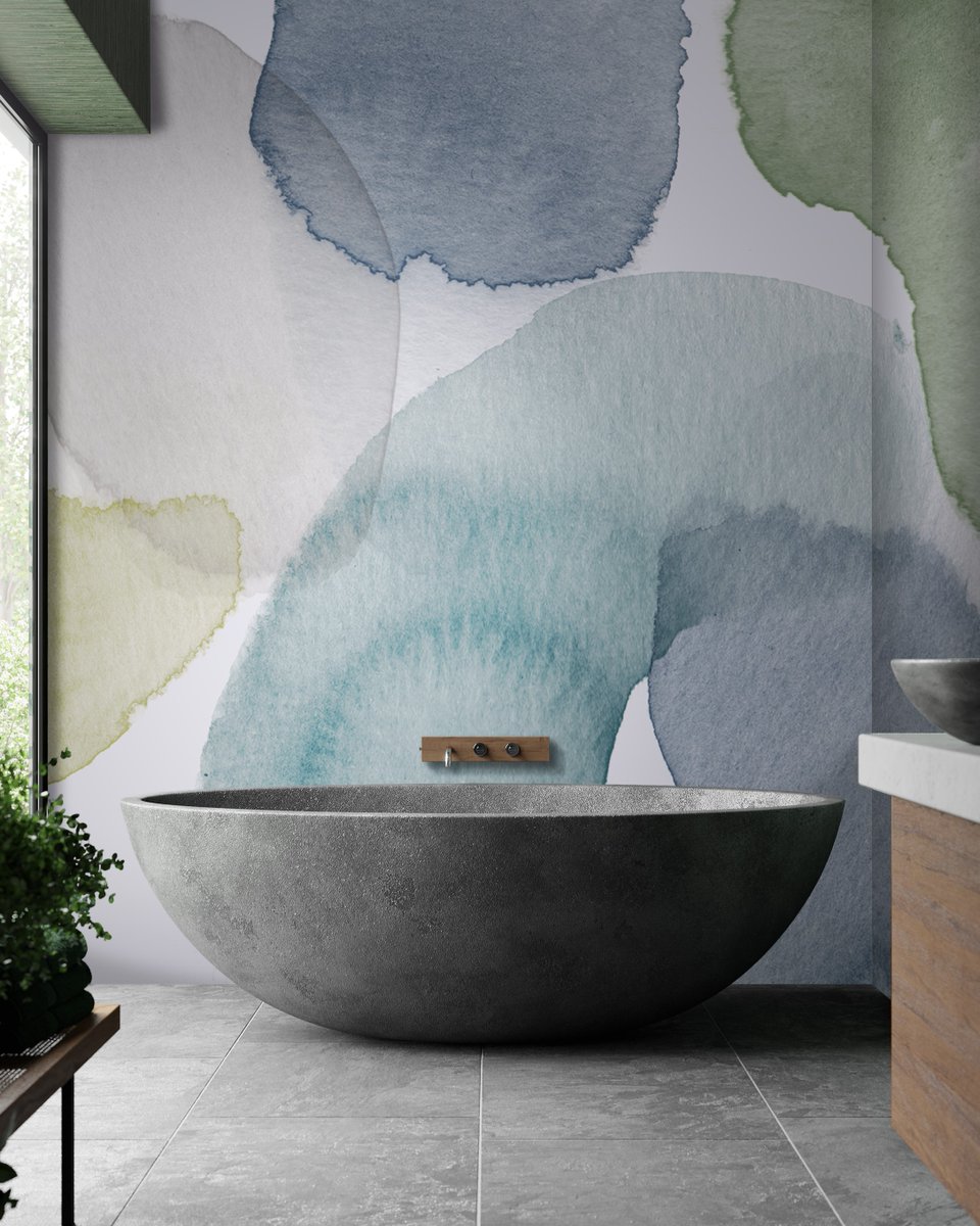 Create the perfect calming bathroom with our Watercolour Stills Evening bespoke mural. 

This elegant design features painterly shapes in shades of soft blue and green on a crisp white backdrop. Use as a statement wall behind the bath for ultimate impact.
