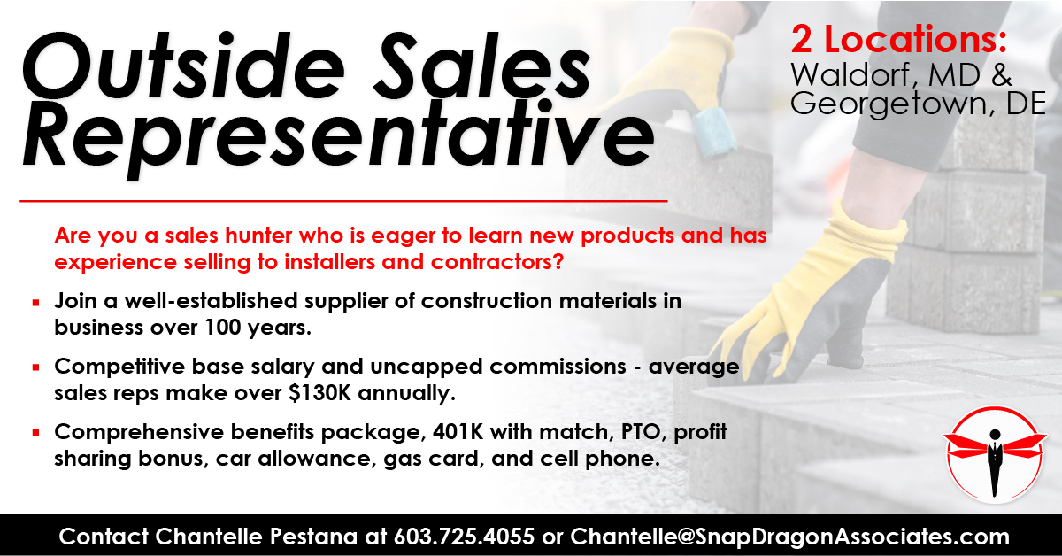 We’re looking for an Outside Sales Representative for a supplier in the Waldorf, MD market.

To apply, visit snapdragonassociates.com/job/outside-sa… or reach out to Chantelle Pestana!

#SnapDragonJobs #buildingmaterials #hiring #werehiring #outsidesales #salesjobs #MDjobs #WaldorfMD