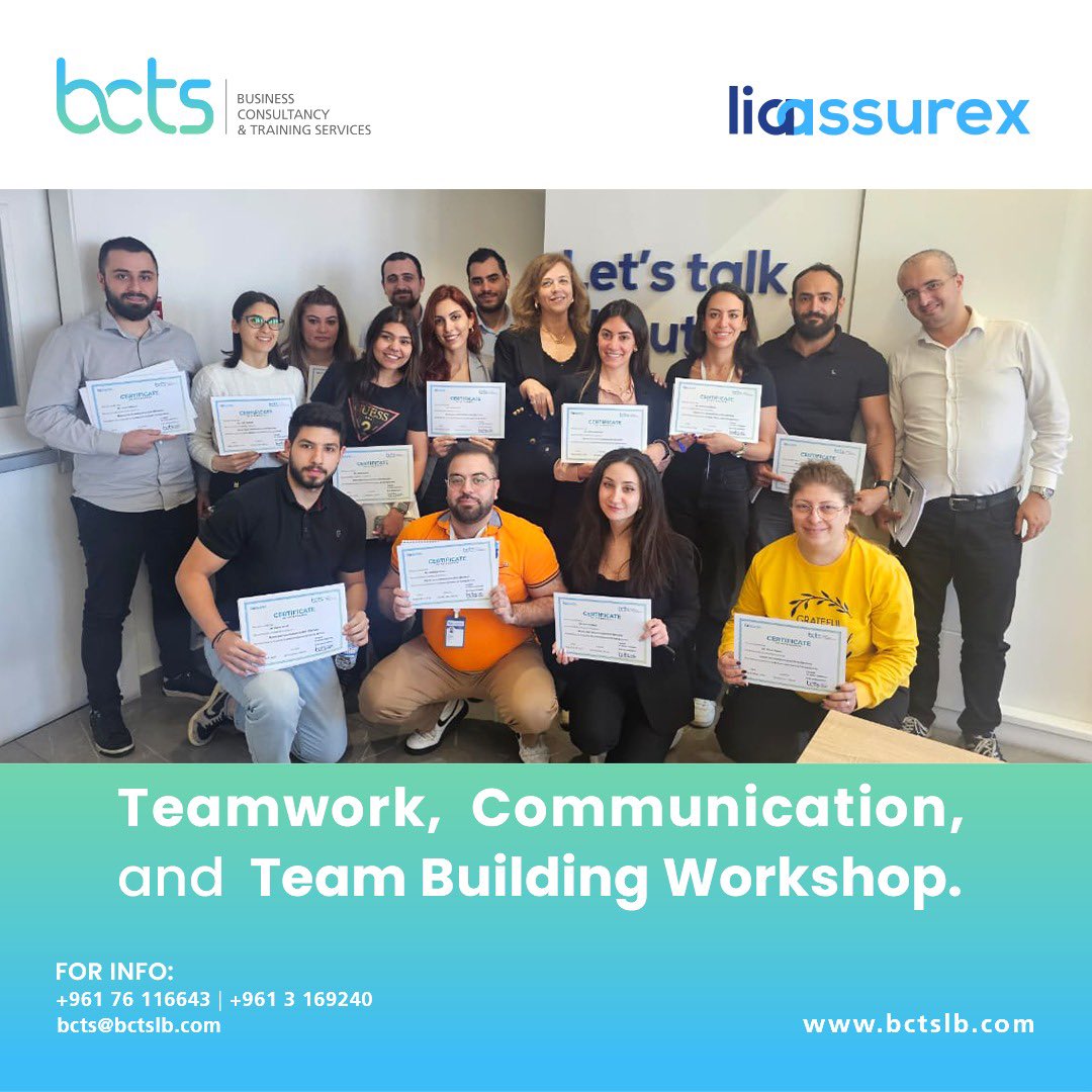 BCTS  organised a successful series of workshops for @liaassurex talents focused on improving teamwork, communication, and team building skills. 

Feel free to reach out to us at +961 76116643 or +961 3 169 240, bcts@bctslb.com. 

#BCTS #BCTSLebanon #Consultancy #Teamwork