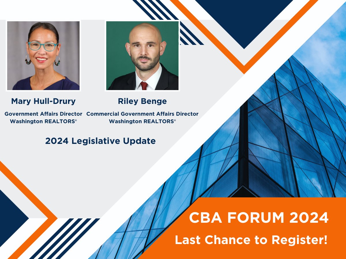 Stay abreast of legislative developments shaping the CRE landscape.

May 16
9 a.m. - 12:30 p.m.
3.5 CE
$65 CBA and WSCAR Members | $85 Non-Members

Session 4: 2024 Legislative Update | Mary Hull-Drury and Riley Benge,  Washington REALTORS®

Register Now! 

ow.ly/mhNu50RjsAO