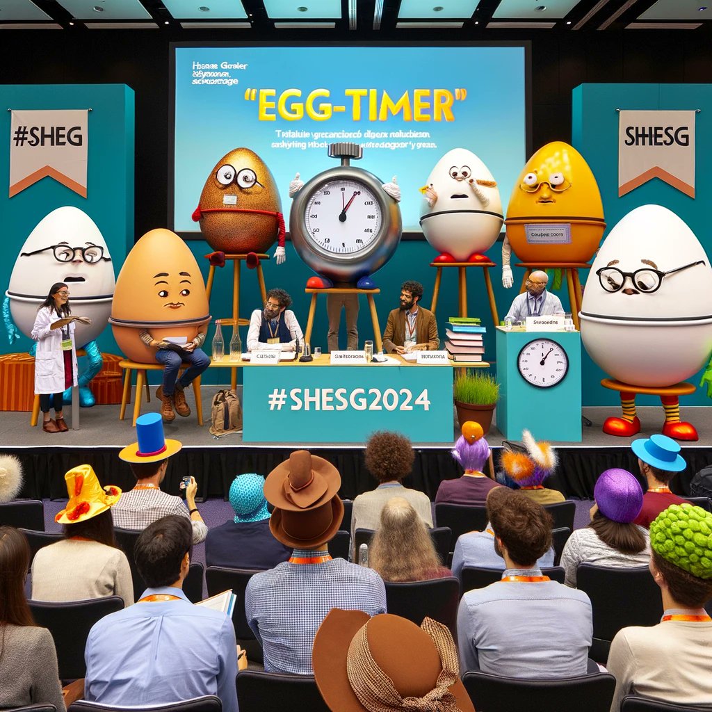 📢 #SHESG2024 introduces *egg-timer sessions*: 10-min talks with no Q&A - a perfect chance for junior scholars to spotlight their work-in-progress. PhD students/candidates are encouraged to apply! [We asked ChatGPT to create an image for this. Color us INSPIRED!] 💫🥚⌛