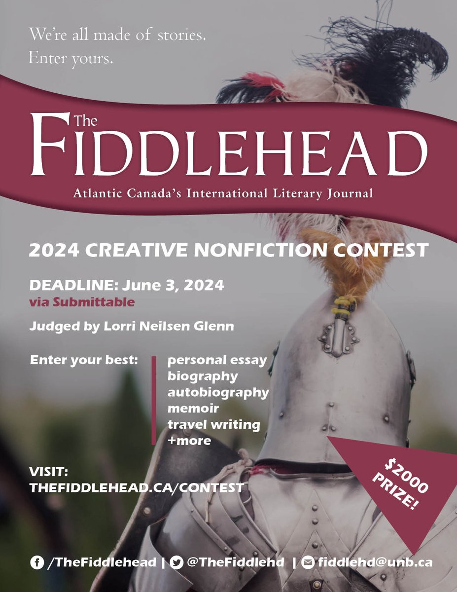 We're halfway through May which means there are only a couple more weeks to submit your work to The Fiddlehead's Creative Nonfiction Contest! Deadline: Monday, June 3 Prize: $2000 + publication Guidelines: thefiddlehead.ca/contest Submit: thefiddlehead.submittable.com/submit