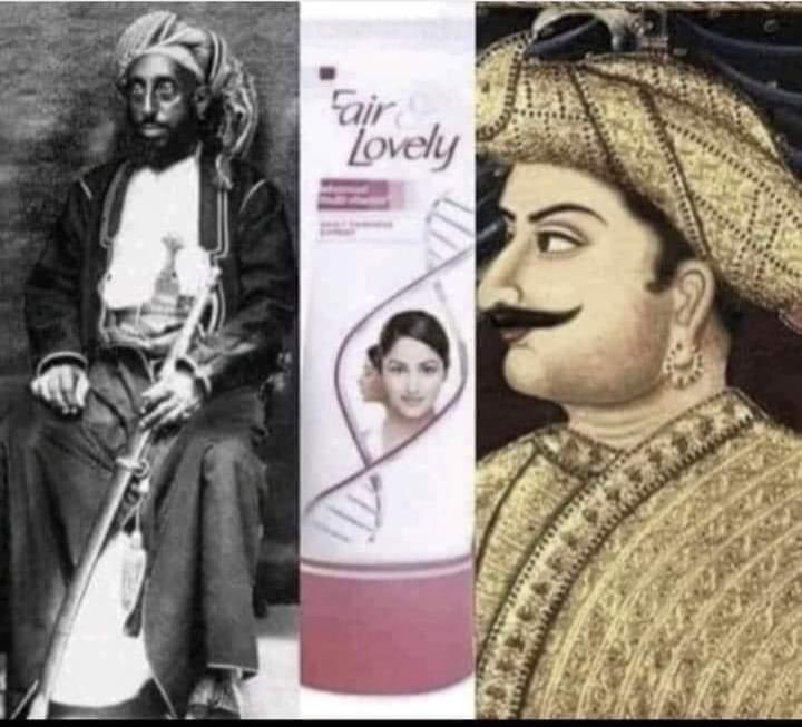 Distortion of history- One photo is of real Tipu Sultan. Then agenda driven darbari historians Romila Thapar, Ramachandra Guha & others applied Fair & Lov*ly on the picture of Tipu Sultan and the picture next to it was taught in books. Tipu the butcher was turned into a freedom