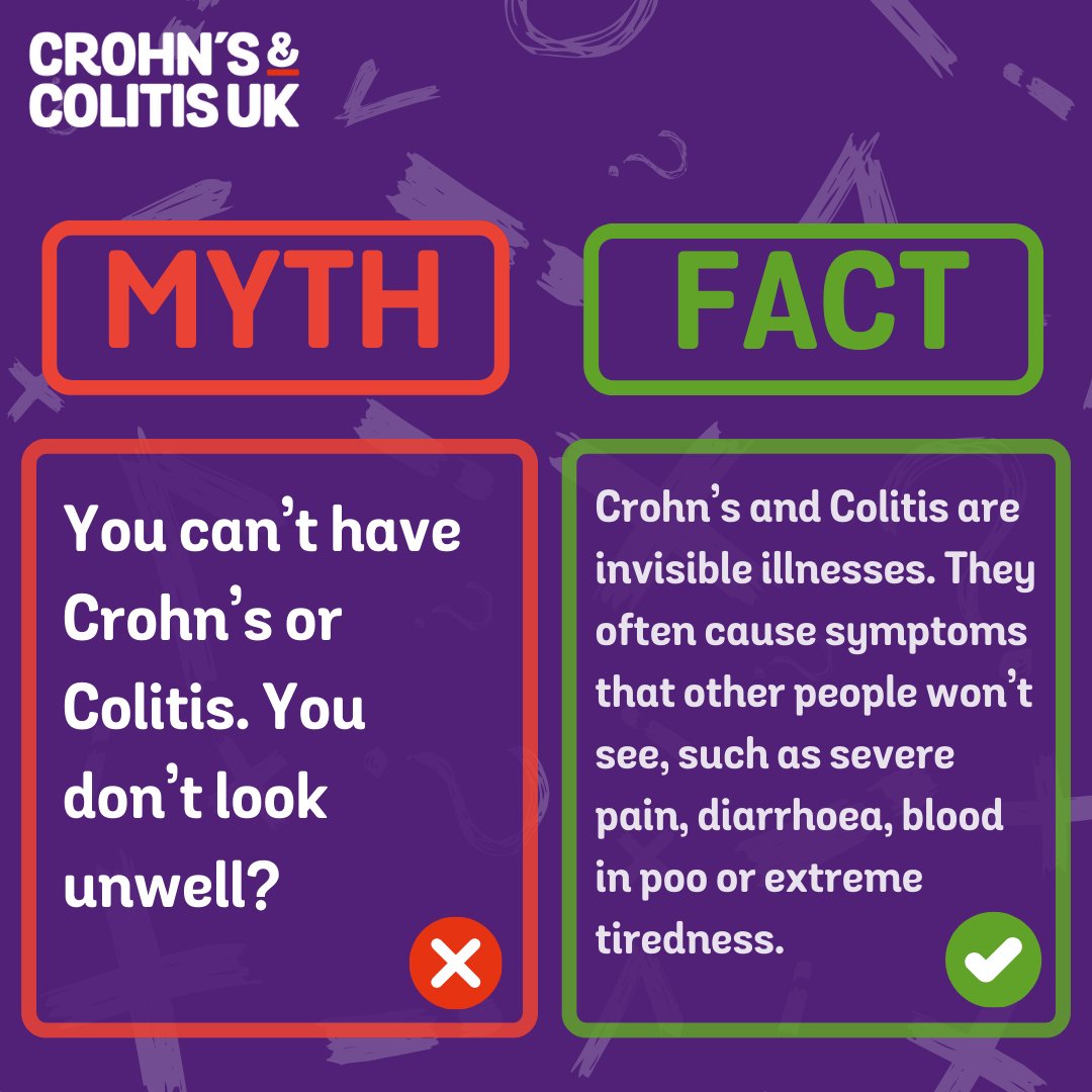 Crohn's and Colitis are invisible illnesses.They often cause symptoms that other people just won't see. Such as severe pain, diarrhoea, blood in your poo - or extreme tiredness. 

Find out more:  crohnsandcolitis.org.uk/get-involved/w…

#worldibdday  #IBDmythbusting