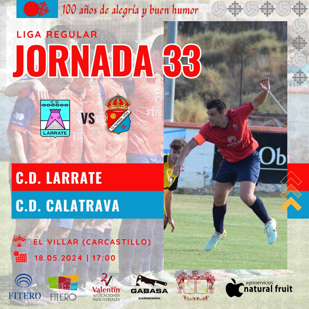 PREFERENTE | Último partido del C.D. Calatrava como visitante esta temporada. Para ello se desplazará a Carcastillo para enfrentarse al C.D. Larrate. 

⚔️ C.D. Larrate
🏆 Jornada 33
🏟️ "El Villar" Carcastillo
📅 Sábado 18 de mayo, 17.00

#100añosdealegríaybuenhumor