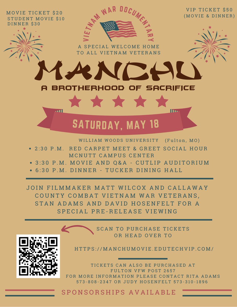 William Woods University is hosting Vietnam veterans and their families from around the country for a pre-release viewing of the Vietnam War documentary “MANCHU: A Brotherhood of Sacrifice”. Read more here: tinyurl.com/WWUManchu
