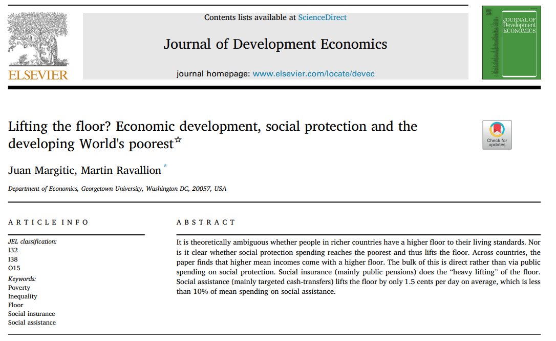 #CashTransfers may have limited impact lifting the floor of living standards for the poorest: 'Social assistance (mainly targeted cash-transfers) lifts the floor by only 1.5 cents per day on average ...less than 10% of mean spending on social assistance.'

jmargitic.github.io/JM/Social%20Pr…