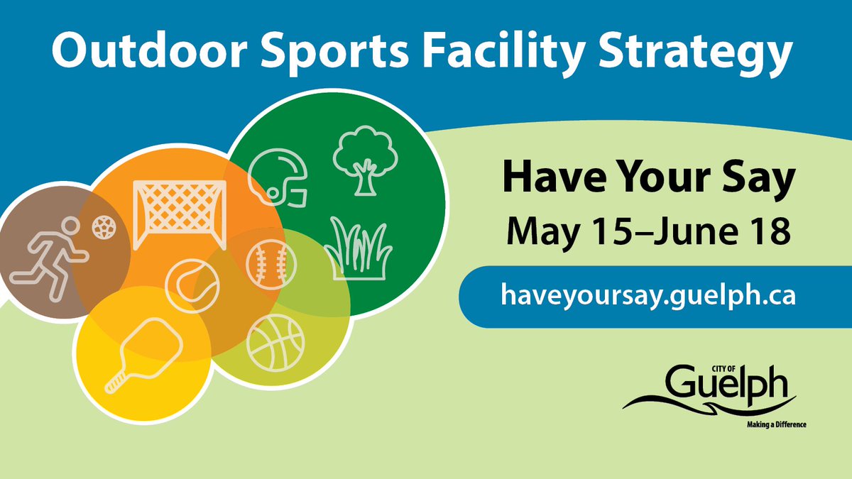 Hey #Guelph, the ball is in your court to help shape the Outdoor Sports Facility Strategy until June 18. Provide feedback on Have Your Say and check out our pop up events happening this season at: ow.ly/lWen50RHnSu