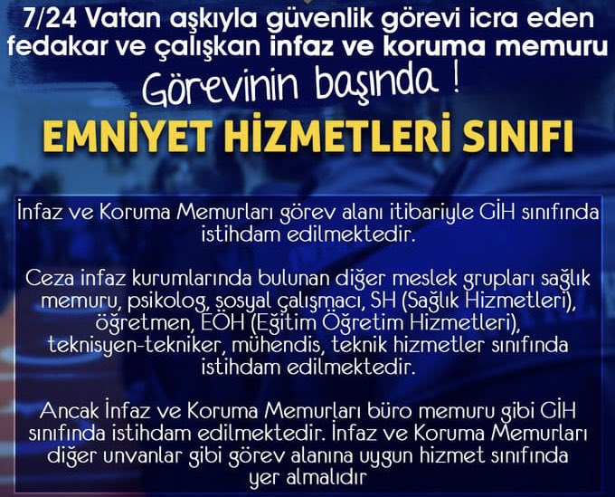 İNFAZ VE KORUMA MEMURLARI;

Bugüne kadar 8 yargı paketi geldi hepsinde yok sayıldılar. 
Pandemi döneminde günlerce evlerine gidemediler.
Bıçaklandılar, jiletlendiler, vuruldular.
Aileleriyle tehdit edildiler…
Ama hükümet tarafından büro memurlarının görev yaptığı Genel İdari