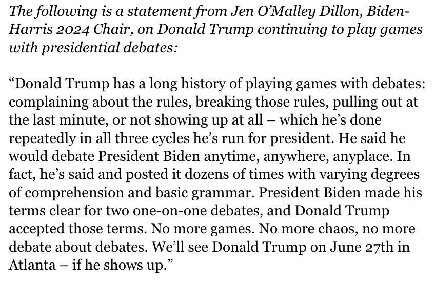 Biden campaign chair @jomalleydillon appears to shut down the idea of additional debates after Trump said he would attend one hosted by Fox in October: 'President Biden made his terms clear for two one-on-one debates, and Donald Trump accepted those terms. No more games.'