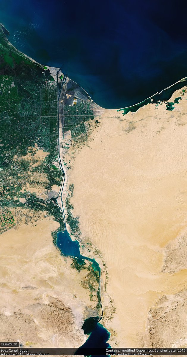 @TerribleMaps The Suez Canal from space, showing
the Great Bitter Lake at the centre (after the 2015 expansion)