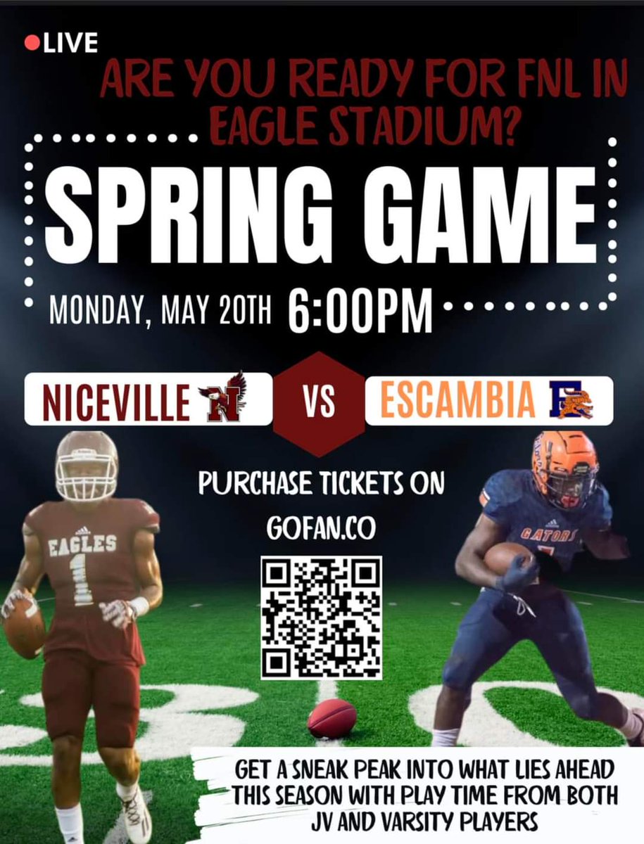 Spring Game!  Let's Go! 
<a href="/FLCoachT/">Grant Thompson</a> <a href="/NicevilleEagles/">Niceville Eagle Athletics (ESPI)</a> <a href="/NHSEagles1/">Charlie Marello</a>