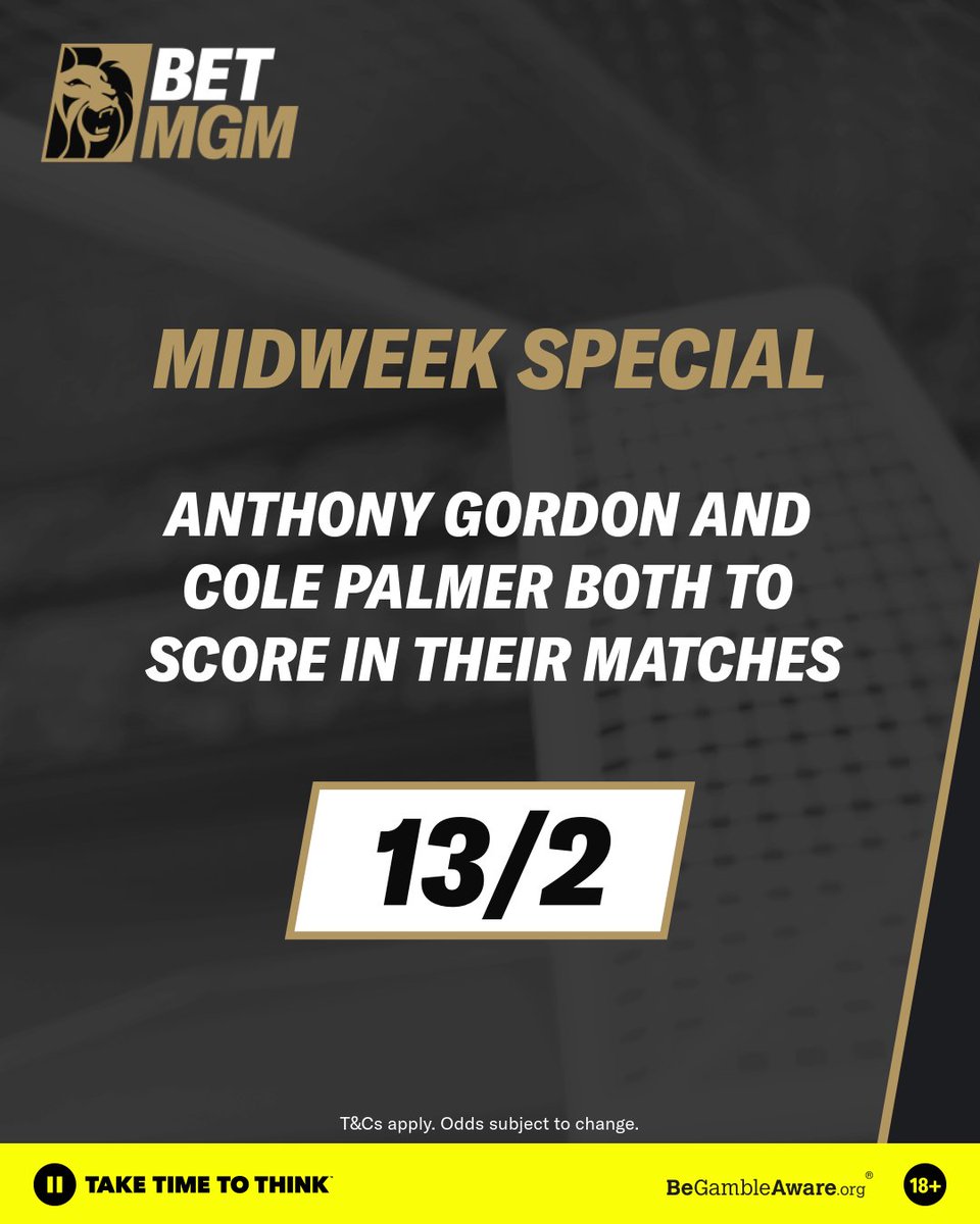 Two of the most in-form English wingers are both in action tonight 🙌 Check out our 𝙈𝙄𝘿𝙒𝙀𝙀𝙆 𝙎𝙋𝙀𝘾𝙄𝘼𝙇 on Anthony Gordon and Cole Palmer both to score 👇 More info here: betmgm.uk/425GV48 #MUNNEW #BHACHE