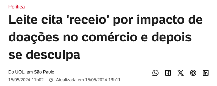 d_azedo's tweet photo. Eduardo Leite diz ter receio das doações prejudicarem o comércio no RS. 

Na trágedia no litoral de SP ano passado, antes das doações chegarem, estavam vendo o litro d'água por R$40. https://t.co/vq4pDrSiUR