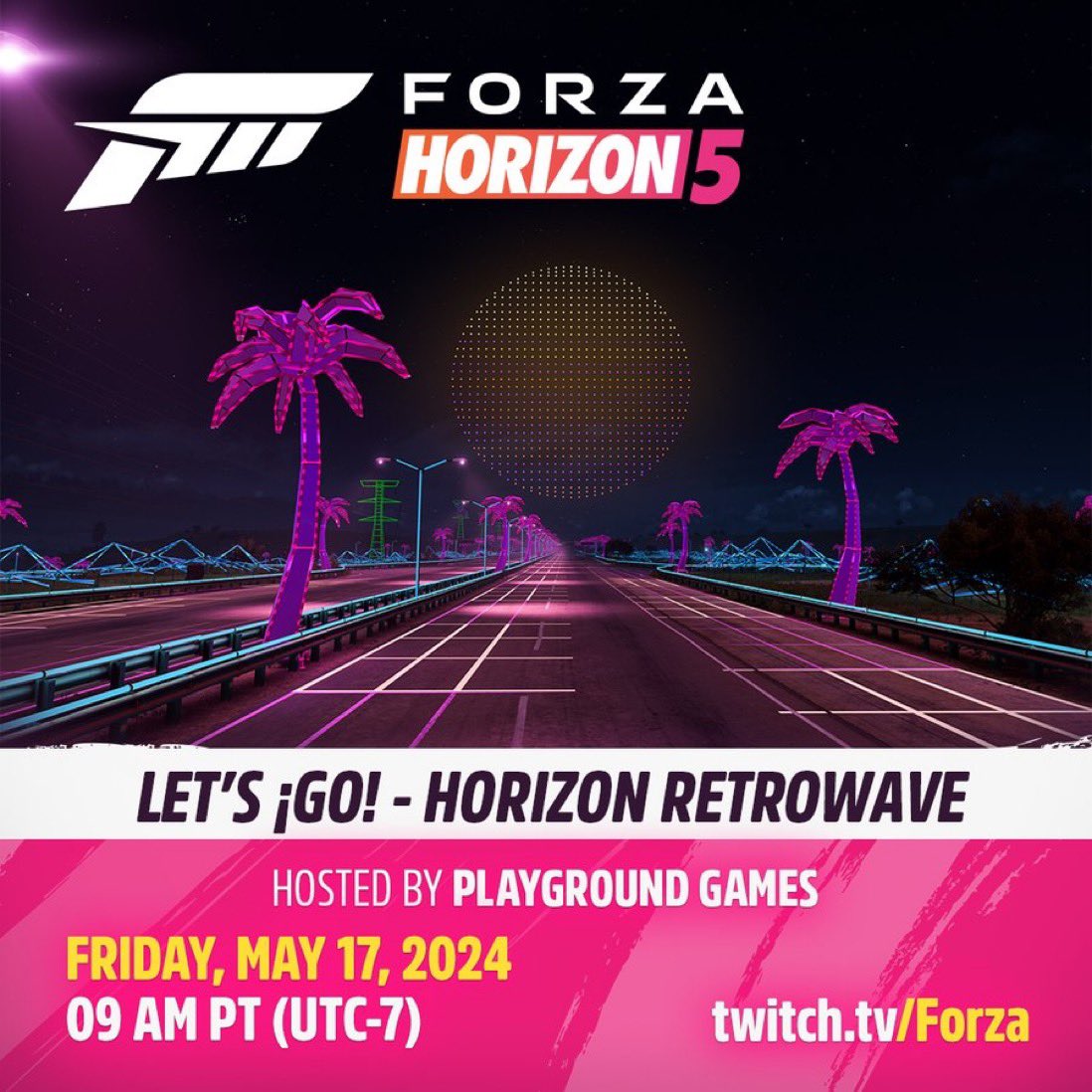 Tune into the Let's ¡Go! Livestream on Friday from 17:00 (BST) for all the latest Forza content, including what's coming up in Series 34, Horizon Retrowave! Twitch.tv/forza #Update #Series34 #Horizon #Retrowave #HorizonRetrowave #Forza #ForzaHorizon #FH5