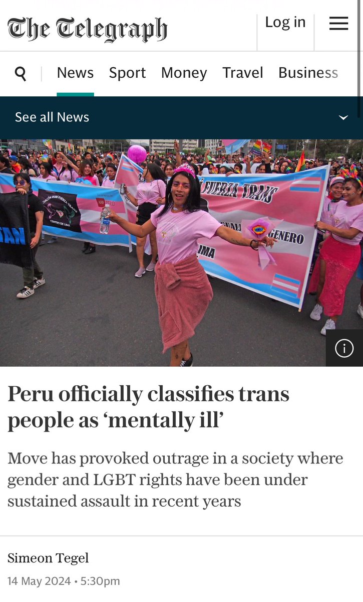 Peru officially classifies trans & intersex people as ‘mentally ill.’ Tbf you have to mentally ill to believe you believe you can change sex, just saying.