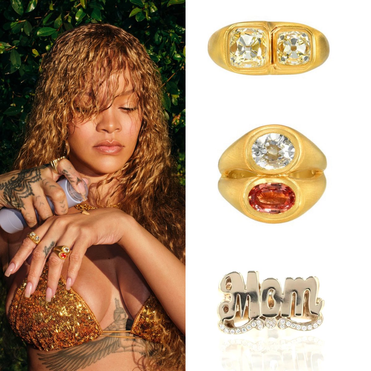 Rihanna posed for her latest @fentyskin #HydraVizor Huez Moisturizer wearing a $230 Oséree Sequin Embellished Bikini Set with a $76,000 One of a Kind Peruzzi Cut Diamond Ring, $48,650 One of A Kind Padparadscha Sapphire & Antique Oval Diamond Stacked Ring from Darius Jewels and