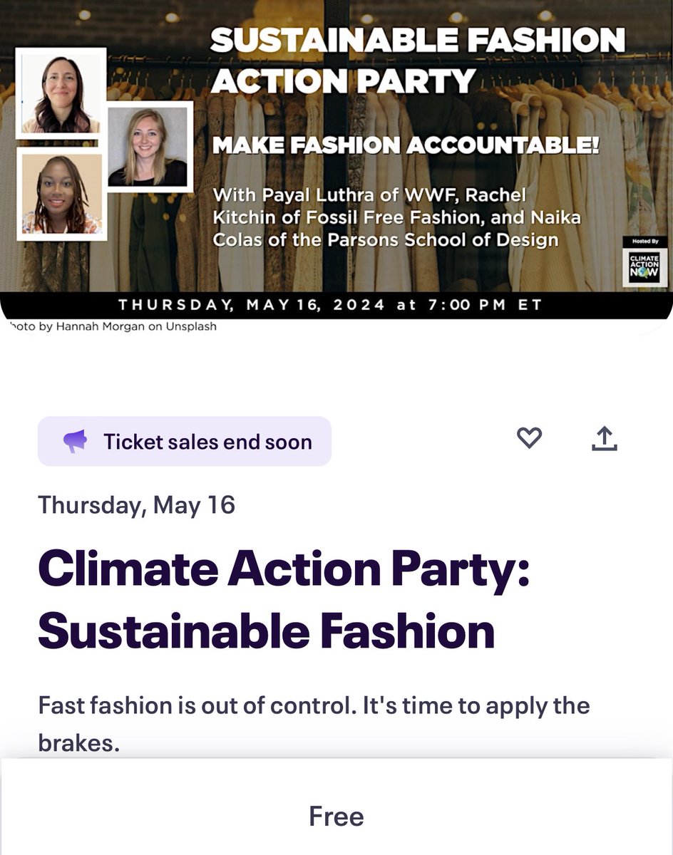 Join us online tomorrow, May 16, 7:00 PM ET, for a Sustainable Fashion Action Party!

Hear from experts on the impact of fashion & then take action via our app!

eventbrite.com/e/climate-acti…

#sustainablefashion #fastfashion