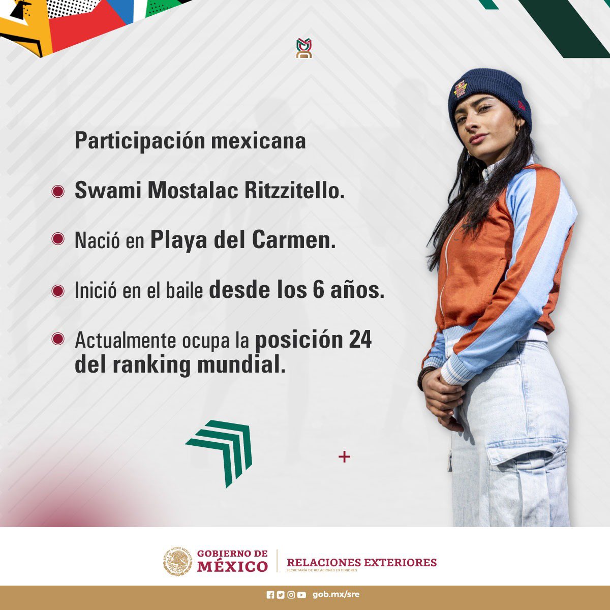 ¡Olympic Qualifier Series! Hoy inicia en China la primera etapa de la competencia, donde se asignarán los últimos cupos para los Juegos Olímpicos @Paris2024. Sigue la participación de Swami Mostalac representando a México en el breaking a través de olympics.com/es/olympic-cha… @SRE_mx