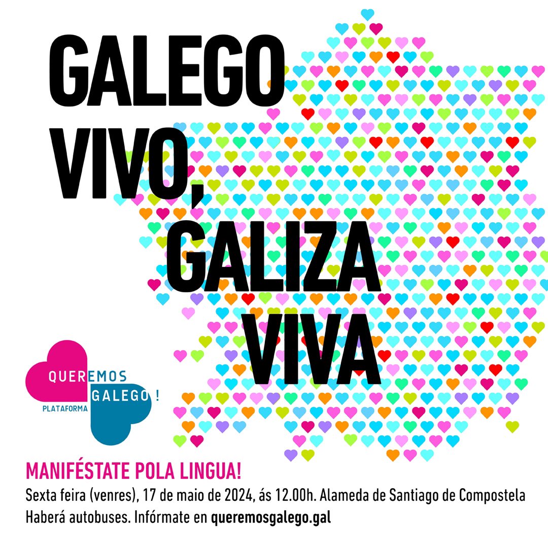 Este venres participaremos na manifestación da Plataforma @QueremosGalego baixo o lema ‘Galego vivo, Galiza viva’

🗓️ Venres 17 de maio
🕛 Ás 12:00h
📍 Alameda de Santiago de Compostela

Súmate! ✊🏼