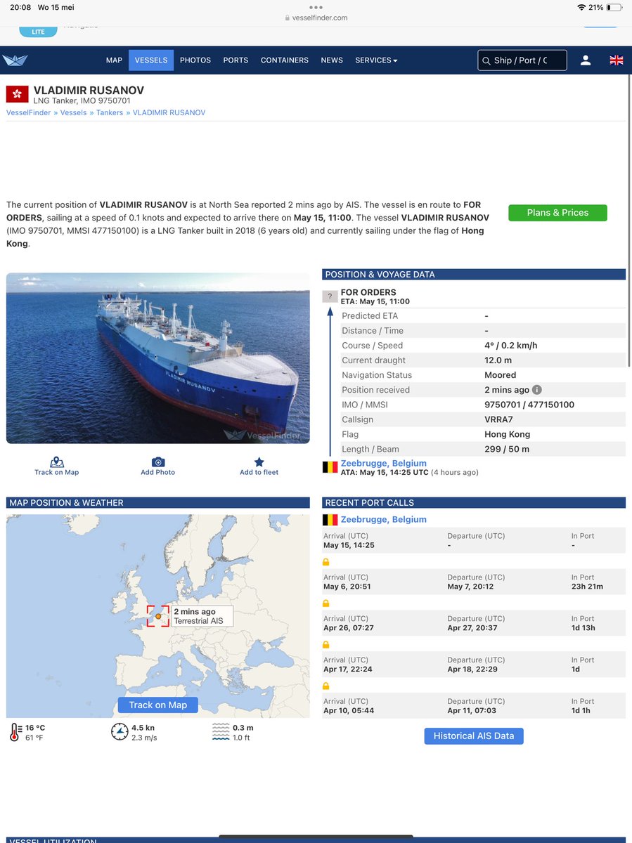 In Zeebrugge is aangekomen de LNG tanker “Vladimir Rusanov” met gas uit Rusland.