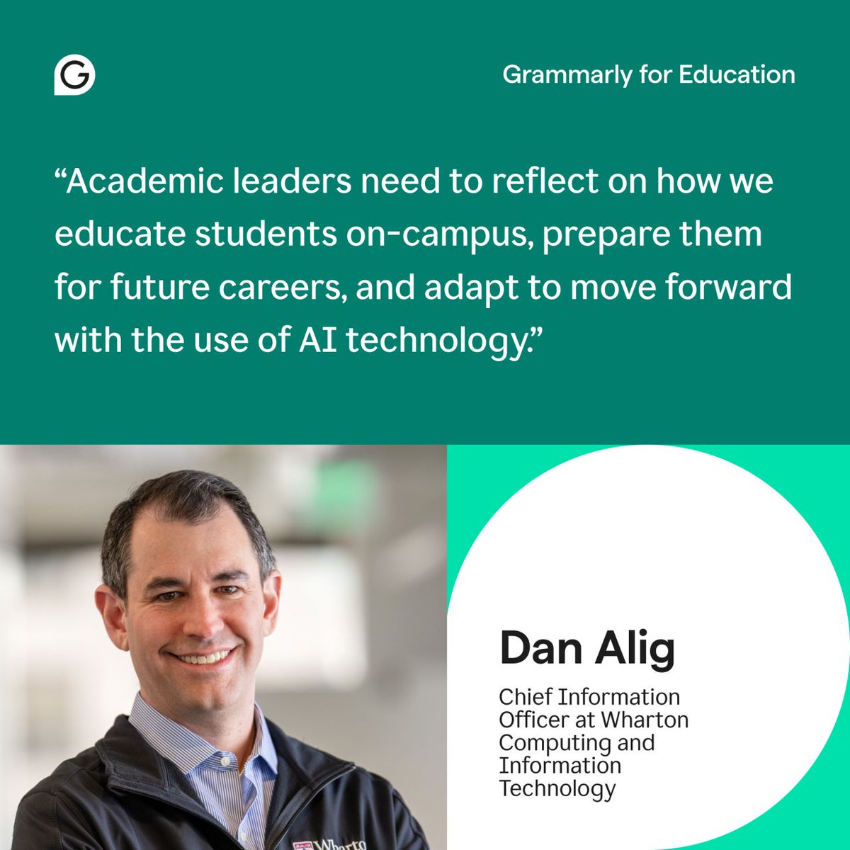 Your trusted AI writing partner for both students and educators. 🤝 At @wharton, CIO Dan Alig champions Grammarly’s role in helping institutions prepare students with the tools they need to succeed in an AI-driven workplace. Learn about our EDU offering: gram.ly/3QOMdwC