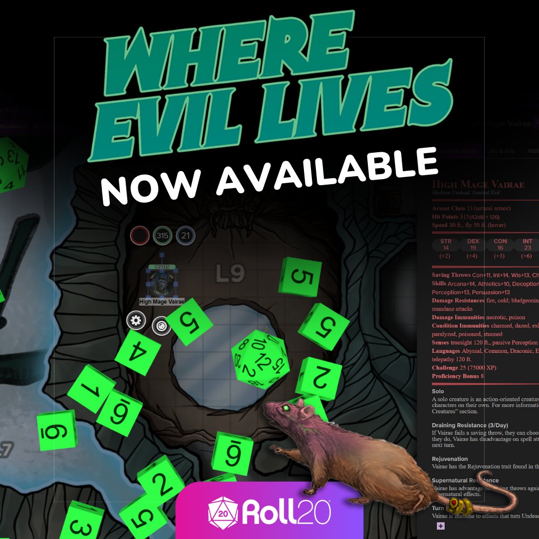 Battle the best big bads with Where Evil Lives: The @HelloMCDM Book of Boss Battles! Dive into 22 dungeons filled with memorable encounters and stunning full-color maps for each lair. You terrify your players, and let Roll20 do the prep. Get it now: hubs.li/Q02x9bDQ0