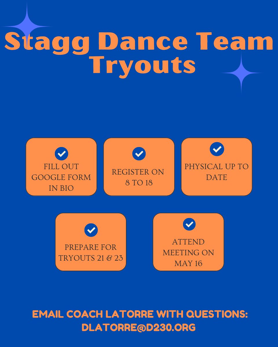 Tryout Meeting for Stagg Dance Team!!! See you there Thursday, May 16th! 
<a href="/conradyjaguars/">Conrady Junior High</a> <a href="/PalosSouth118/">Palos South 118</a>