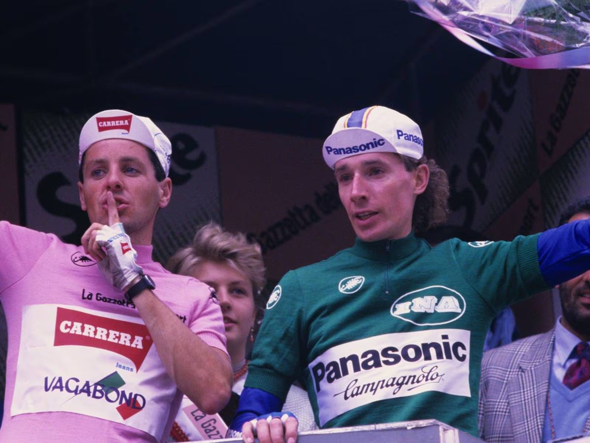 NoahvPutten's tweet photo. Explaining the cycling iceberg: The triple crown of Stephen Roche. Part 1: Marmolada Massacre. Roche betrays Visentini, fans sprit rice &amp; punch him. 1/26

#cyclingiceberg https://t.co/N9Fkyz9CJI