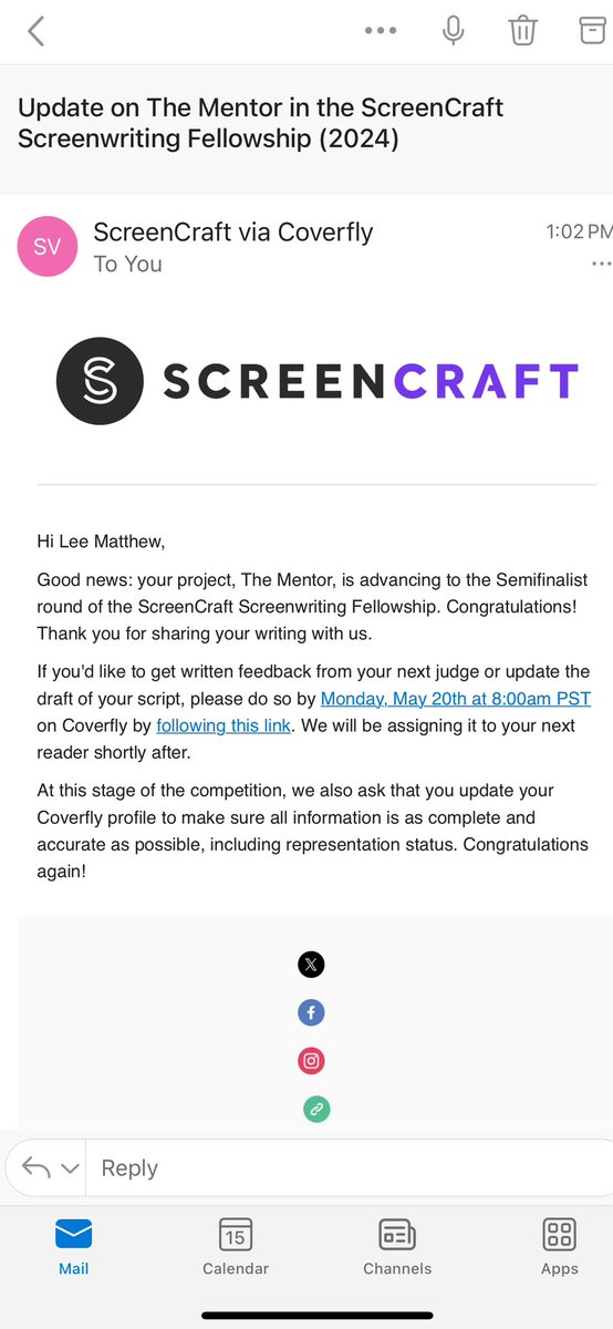 Well, hey… THE MENTOR made the semi-finals of the @screencrafting screenwriting fellowship. Finals next up, baby 🤞