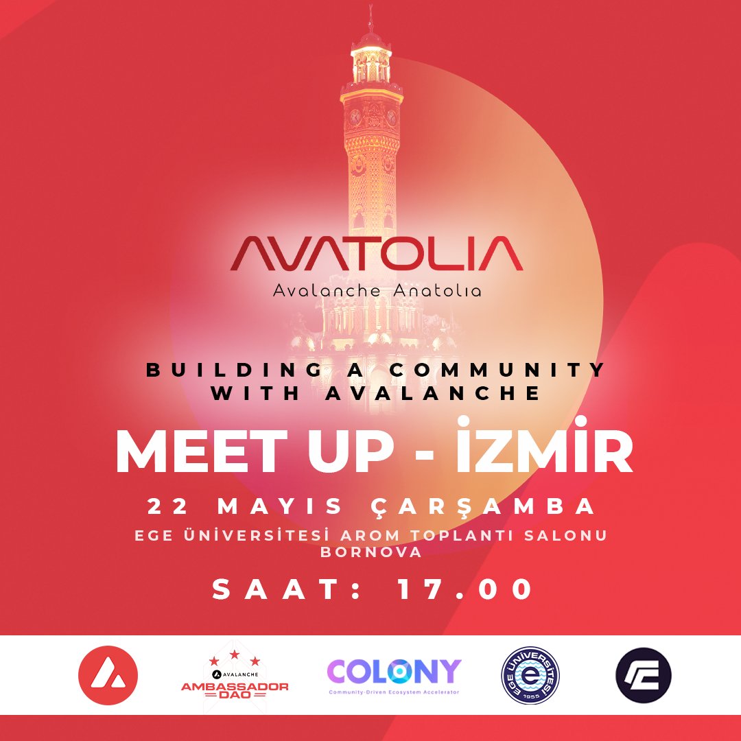AvaxTeam1's tweet photo. 🔺 Avalanche Meetup - Izmir, Turkey  🇹🇷

Next week we will host the first AvaxDAO MeetUp in Izmir, Turkey. 

We will meet with @egechain blockchain club and the local blockchain community to discuss Avalanche and the Avalanche Academy. As well as airdrop some $CLY to those who download @coreapp

Avalanche has deep roots in Turkey and we are excited to kick off ambassador events around the county.

Date: 22nd May, 5pm
Venue: EGE University, Izmir
Thanks to @koaservatt for organizing!

Registration below 🧵👇