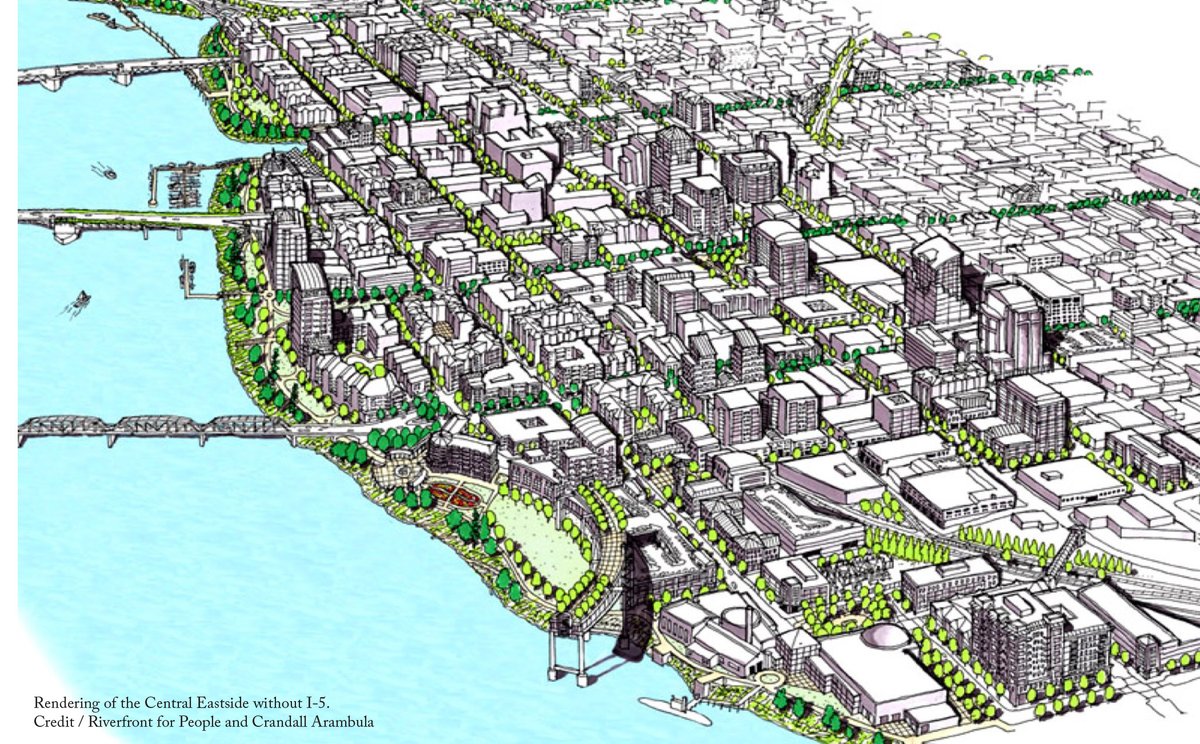 Drew_Millegan's tweet photo. Is anyone seriously talking about removing the blighted section of I-5 on the Portland eastside waterfront? Or is that still fantasy?

Seems it would fix traffic better than the Rose Quarter project by shifting through-traffic to I-405 or I-205, and eliminates local bottlenecks https://t.co/cOwep655E3